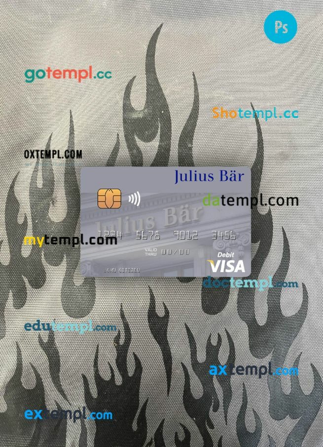 Switzerland Julius Baer Group AG visa debit card PSD scan and photo-realistic snapshot, 2 in 1