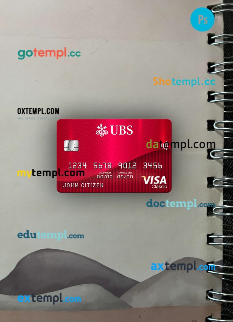 Switzerland UBS bank visa classic card PSD scan and photo-realistic snapshot, 2 in 1
