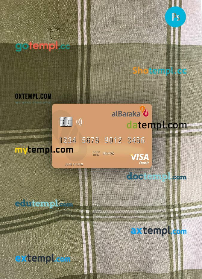Syria Al Baraka Bank visa debit card PSD scan and photo-realistic snapshot, 2 in 1