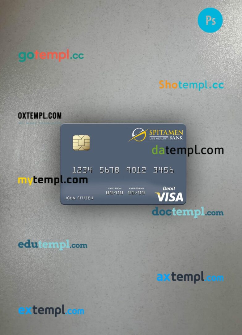 Tajikistan Spitamen Bank visa debit card PSD scan and photo-realistic snapshot, 2 in 1