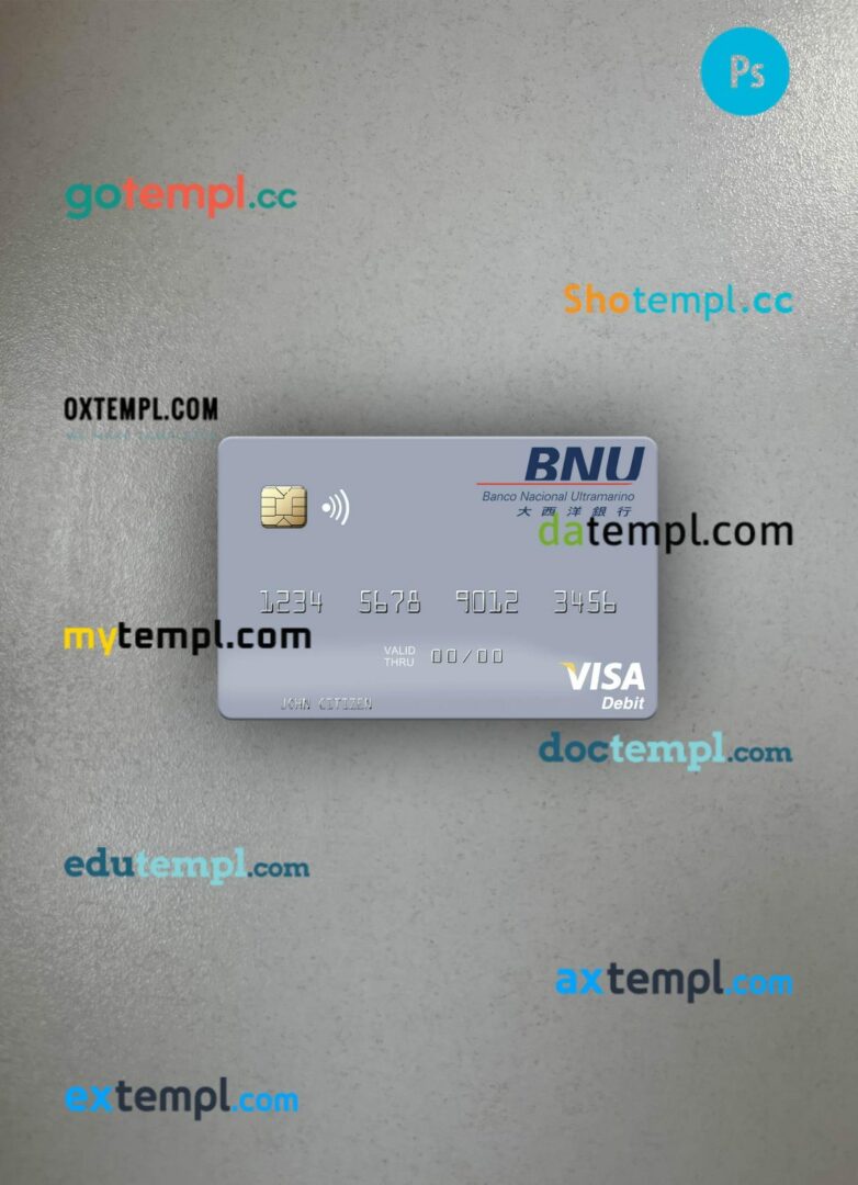 Timor-Leste Banco Nacional Ultramarino building visa debit card PSD scan and photo-realistic snapshot, 2 in 1