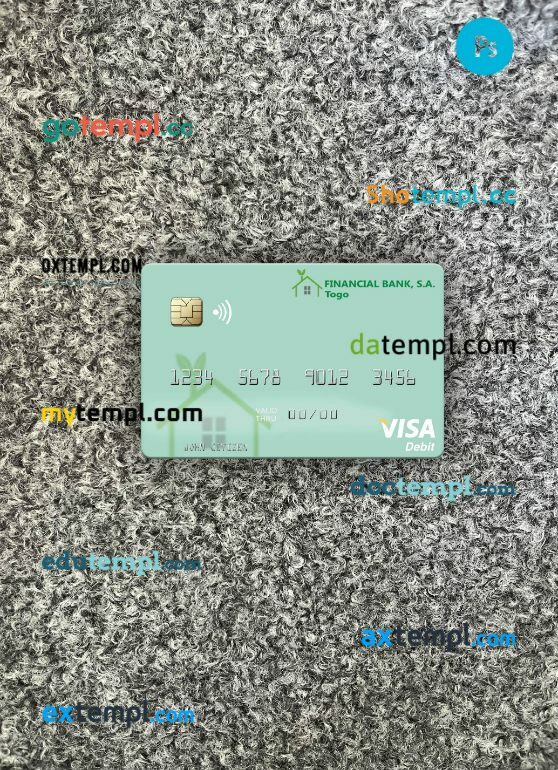 Togo Financial Bank visa debit card PSD scan and photo-realistic snapshot, 2 in 1
