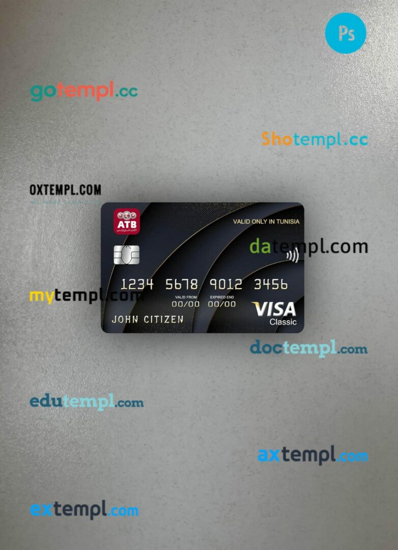 Tunisia ATB bank visa classic card PSD scan and photo-realistic snapshot, 2 in 1