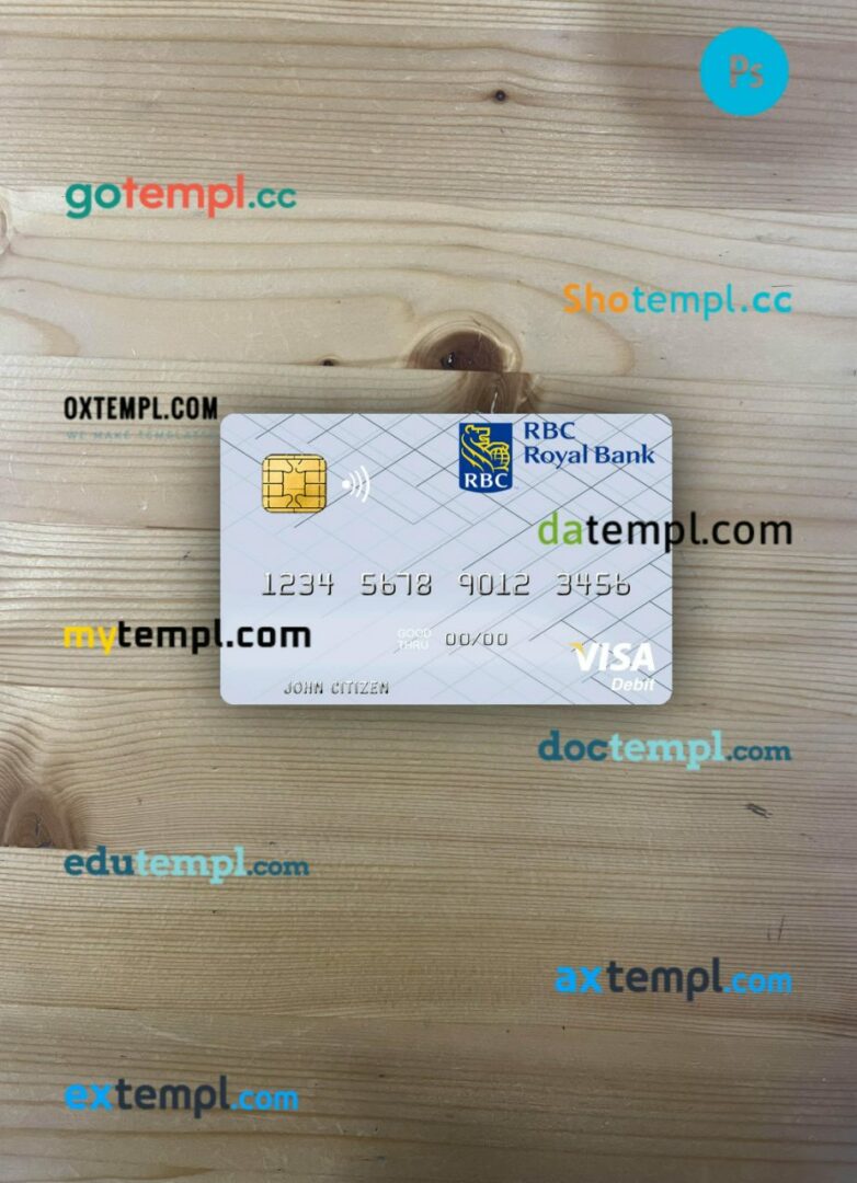 Tunisia RBC Royal Bank visa debit card PSD scan and photo-realistic snapshot, 2 in 1