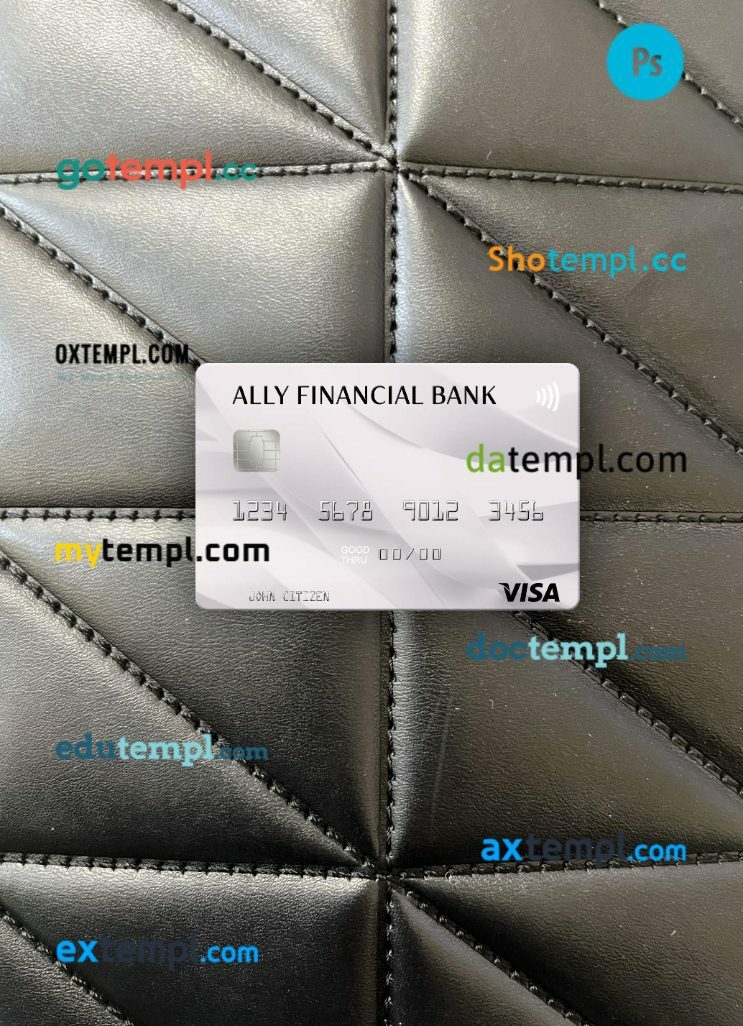 USA Ally Financial Bank visa card PSD scan and photo-realistic snapshot, 2 in 1