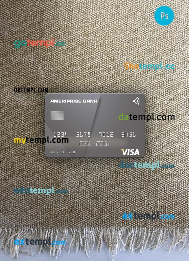 USA Ameriprise Bank visa card PSD scan and photo-realistic snapshot, 2 ...