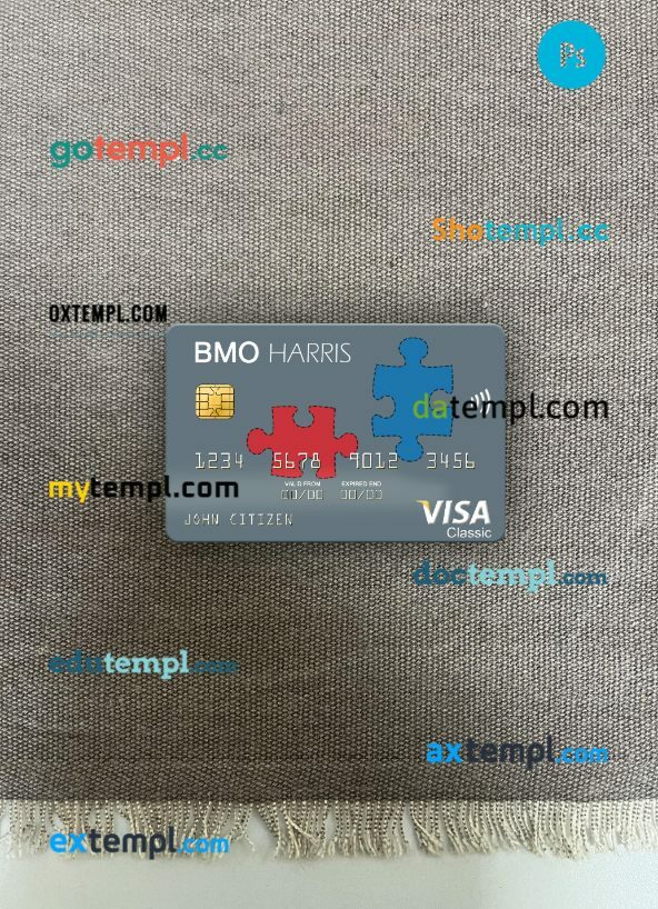 USA BMO Harris Bank visa card PSD scan and photo-realistic snapshot, 2 in 1