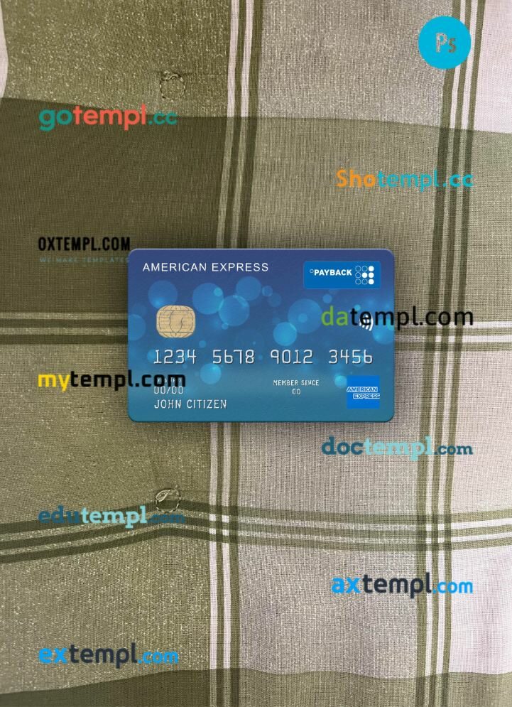 USA First Bank of Wiki AMEX payback card PSD scan and photo-realistic snapshot, 2 in 1