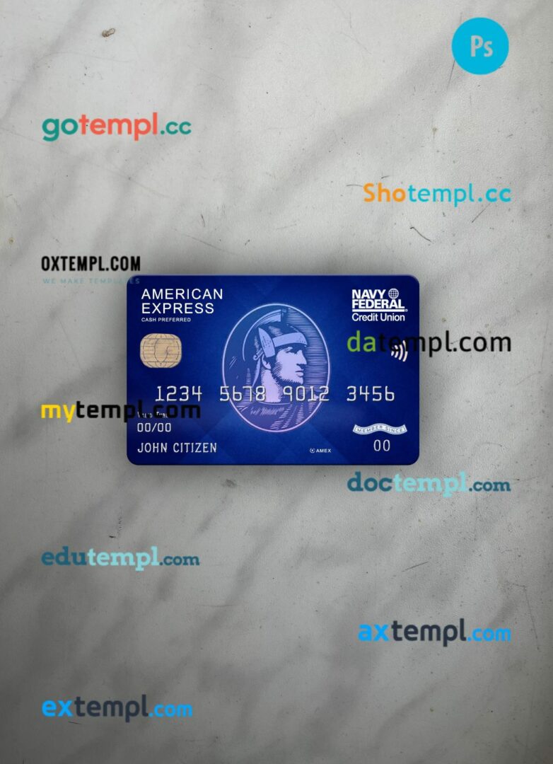 USA Navy Federal Union bank AMEX blue cash preferred PSD scan and photo-realistic snapshot, 2 in 1