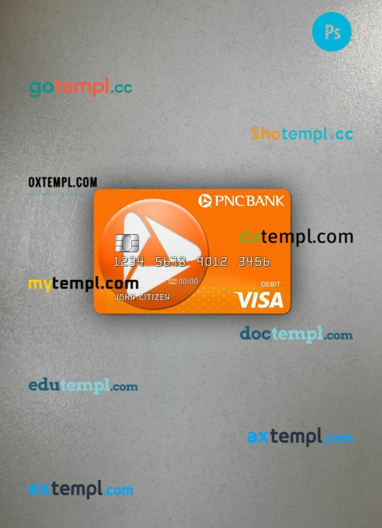 USA PNC bank Visa Debit card PSD scan and photo-realistic snapshot, 2 in 1