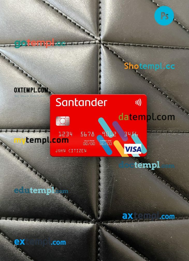 USA Santander Bank visa card PSD scan and photo-realistic snapshot, 2 in 1