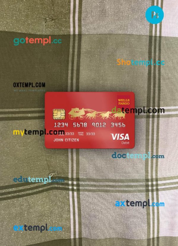 USA Wells Fargo bank visa debit card PSD scan and photo-realistic snapshot, 2 in 1