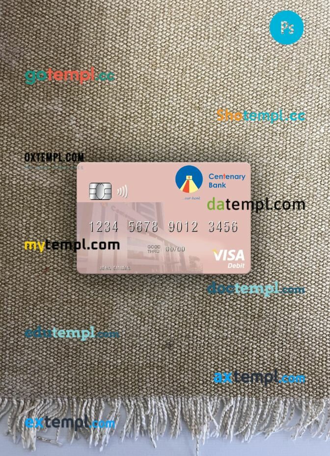 Uganda Centenary Bank visa debit card PSD scan and photo-realistic snapshot, 2 in 1
