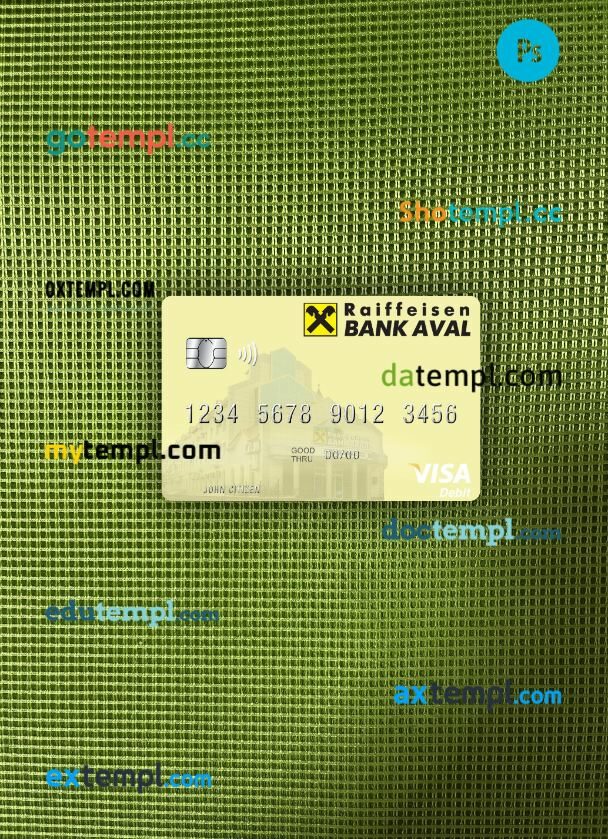 Ukraine Raiffeisen Bank visa debit card PSD scan and photo-realistic snapshot, 2 in 1