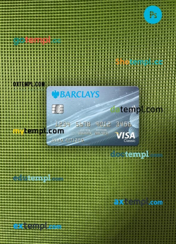 United Kingdom Barclays bank visa classic card PSD scan and photo-realistic snapshot, 2 in 1