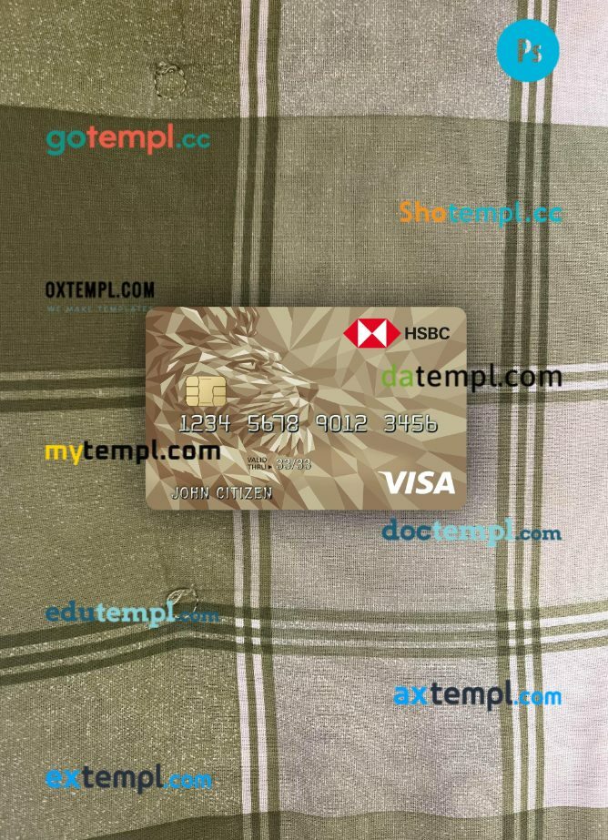 United Kingdom HSBC visa Gold credit card PSD scan and photo-realistic snapshot, 2 in 1