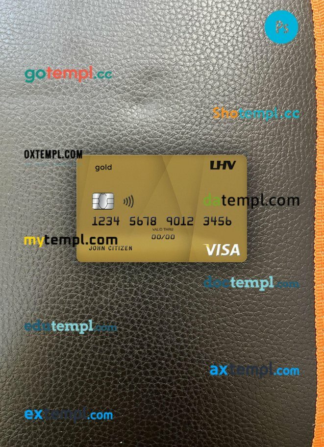 United Kingdom LHV bank visa gold card PSD scan and photo-realistic snapshot, 2 in 1