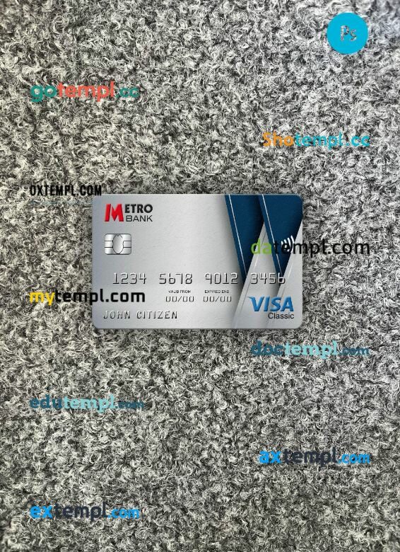 United Kingdom Metro Bank visa classic card PSD scan and photo-realistic snapshot, 2 in 1