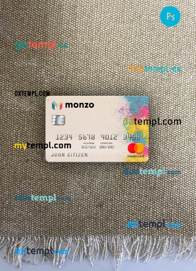 United Kingdom Monzo bank mastercard PSD scan and photo taken image, 2 in 1