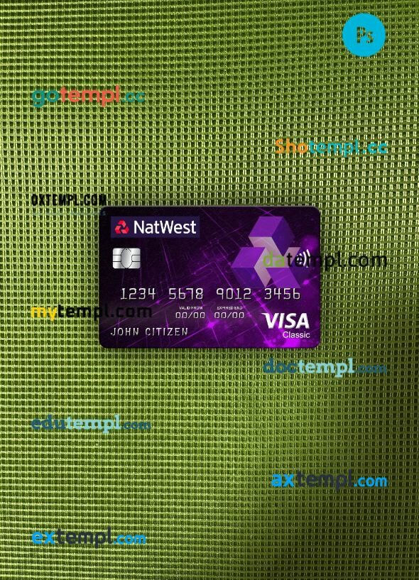 United Kingdom NatWest bank visa classic card PSD scan and photo-realistic snapshot, 2 in 1