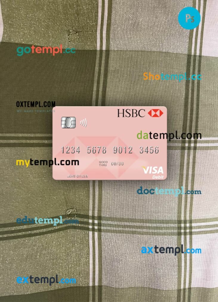 Uruguay HSBC Bank visa debit card PSD scan and photo-realistic snapshot, 2 in 1