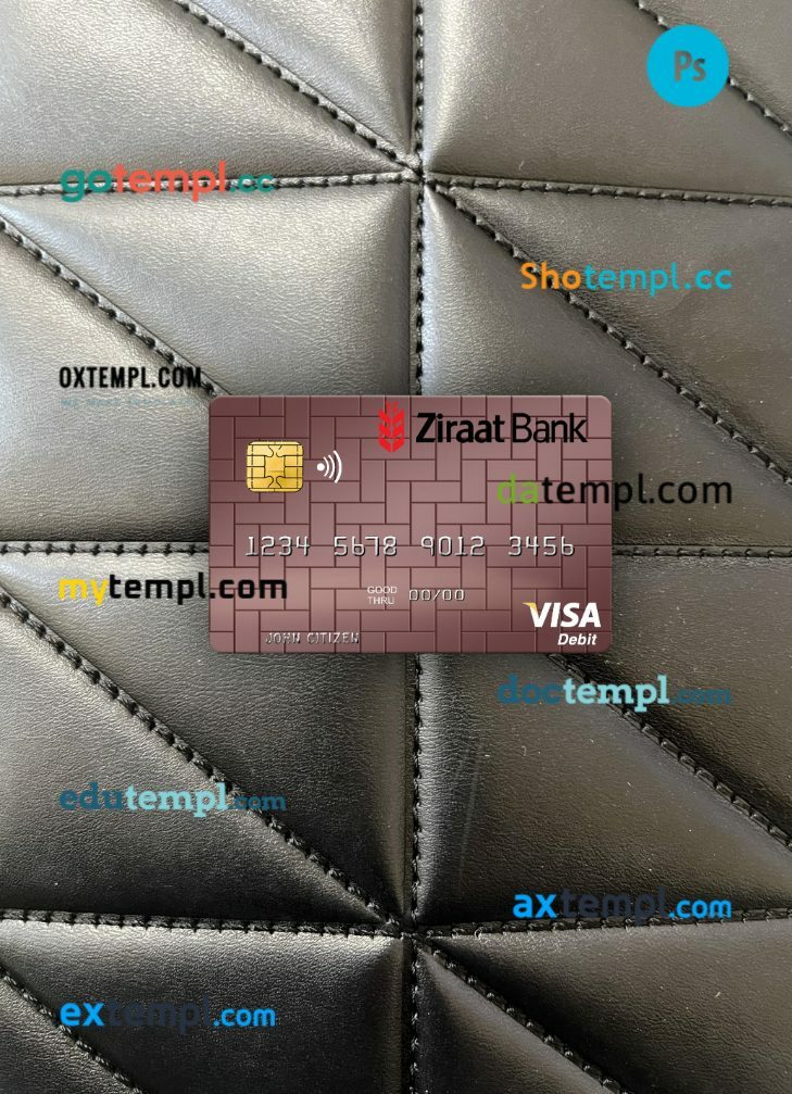 Uzbekistan Ziraat Bank visa debit card PSD scan and photo-realistic snapshot, 2 in 1