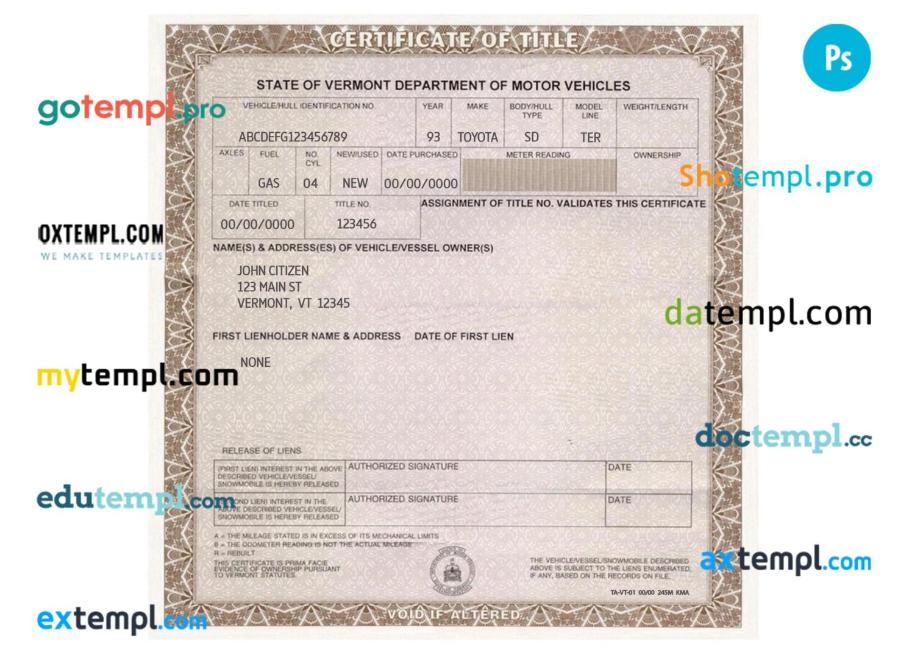 Vermont certificate of title of a vehicle (car title) template in PSD format, fully editable