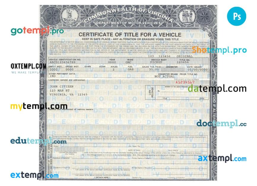 Virginia certificate of title of a vehicle (car title) template in PSD format, fully editable