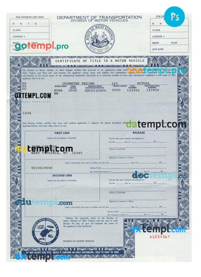 West Virginia certificate of title of a vehicle (car title) template in PSD format, fully editable