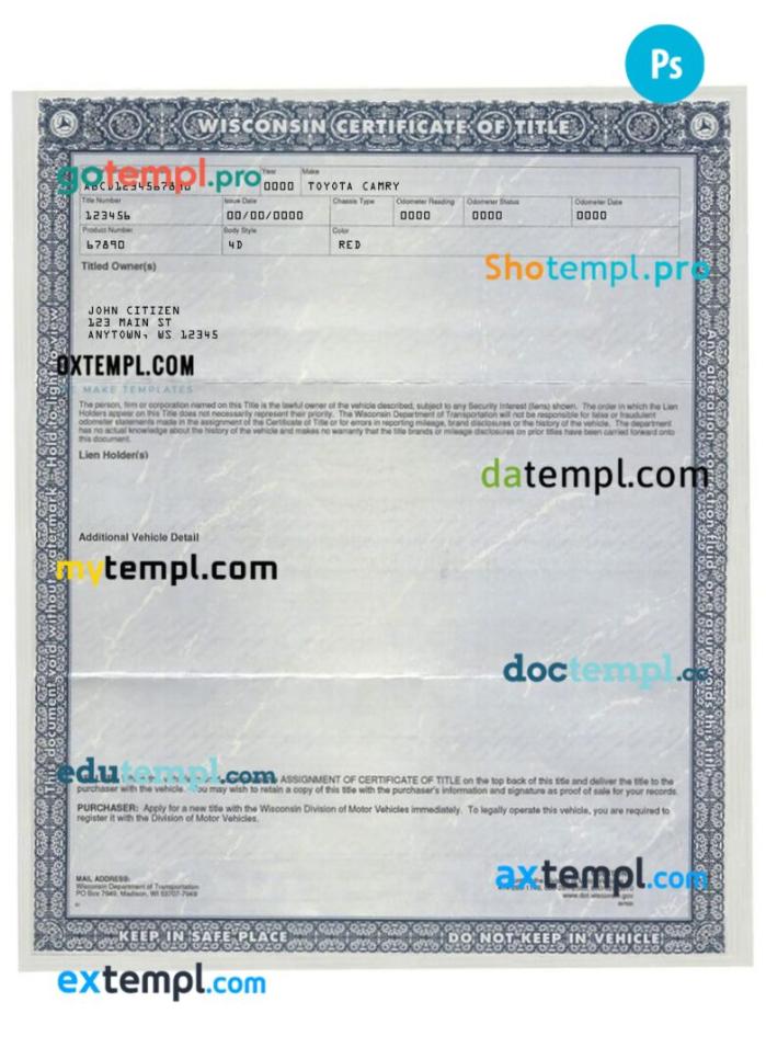 Wisconsin certificate of title of a vehicle (car title) template in PSD format, fully editable