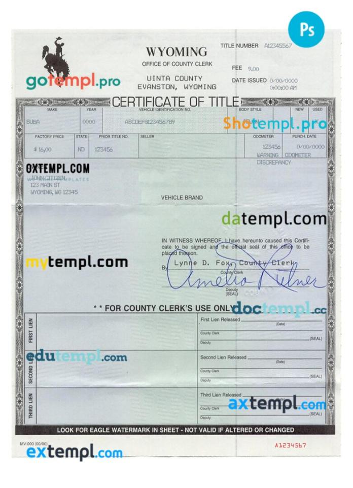 Wyoming certificate of title of a vehicle (car title) template in PSD format, fully editable