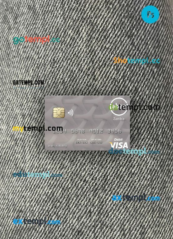 Zambia Absa Bank Zambia Plc visa debit card PSD scan and photo-realistic snapshot, 2 in 1