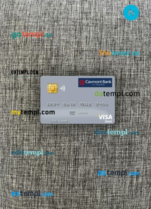 Zambia Cavmont Bank visa debit card PSD scan and photo-realistic snapshot, 2 in 1