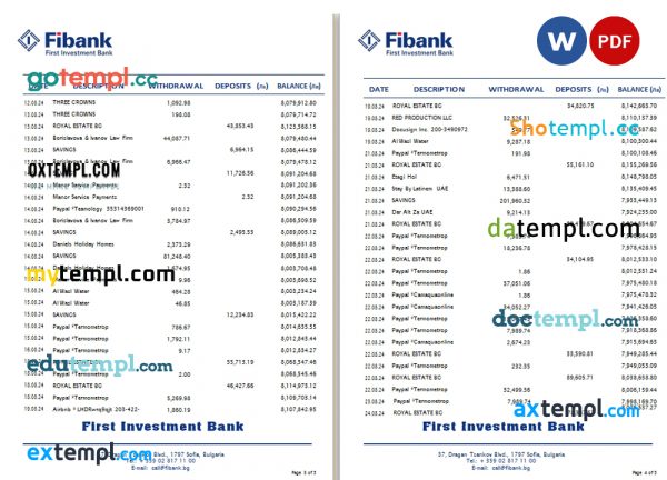 Bulgaria Fibank (First Investment Bank) bank statement Word and PDF template, 5 pages