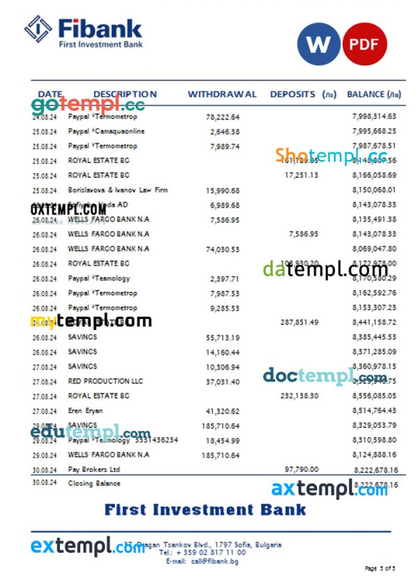 Bulgaria Fibank (First Investment Bank) bank statement Word and PDF template, 5 pages