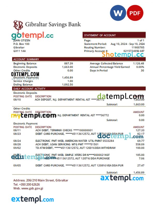 Gibraltar Savings Bank statement, Word and PDF format