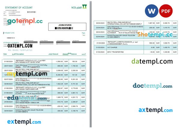 Saudi Arabia NCB Bank account statement, Word and PDF template, 2 pages