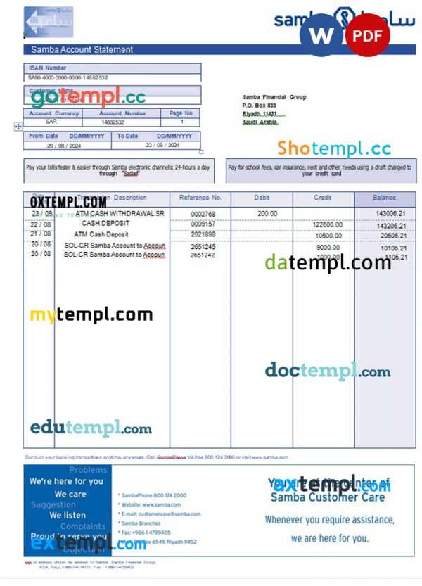 Saudi Arabia Samba Bank account statement, Word and PDF template