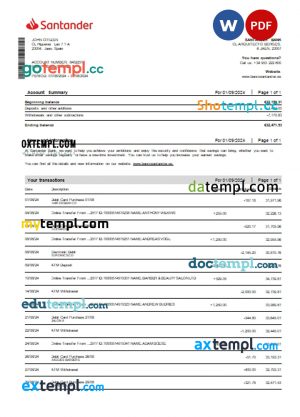 Spain Santander debit card statement, Word and PDF format