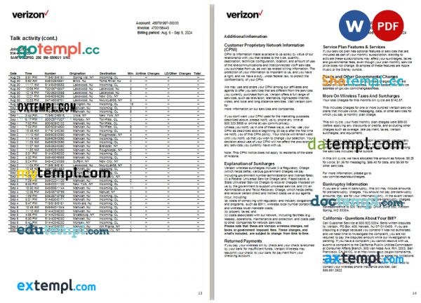 USA New Jersey Verizon utility bill Word and PDF template, 15 pages