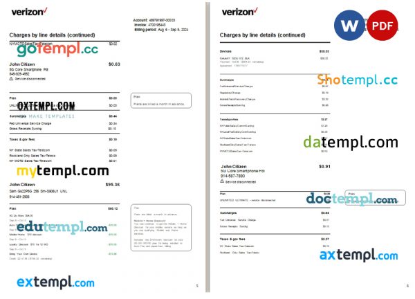 USA New Jersey Verizon utility bill Word and PDF template, 15 pages