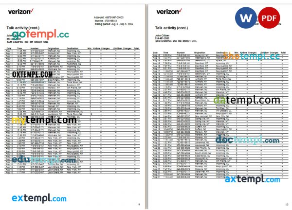 USA New Jersey Verizon utility bill Word and PDF template, 15 pages