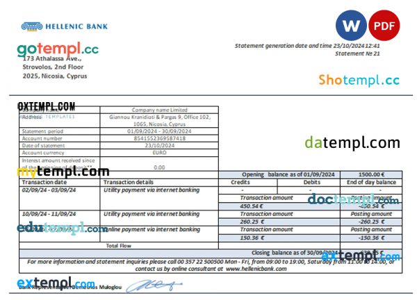 Cyprus Hellenic bank business bank statement Word and PDF template