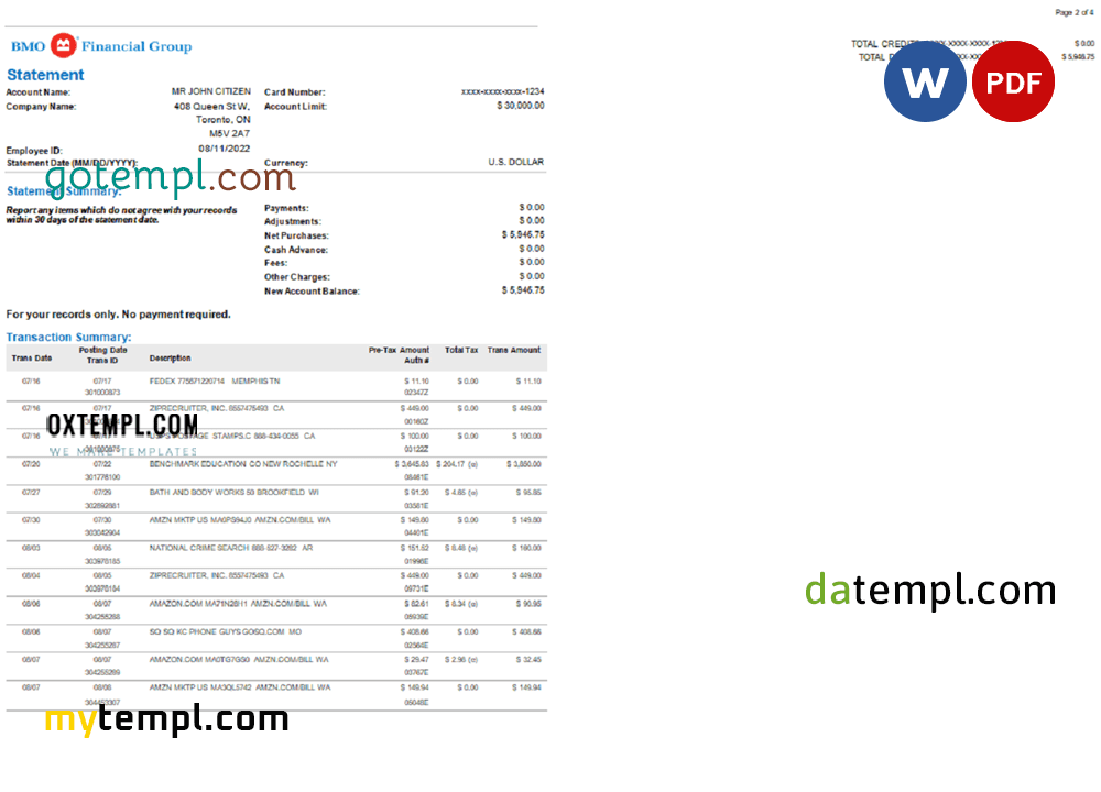 USA BMO bank statement 3 – 6 months, Word and PDF example, 4 pages