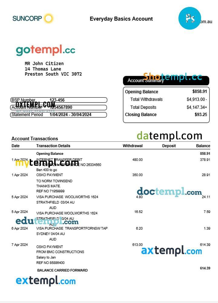 Australia Suncorp bank statement Word and PDF template, 6 pages