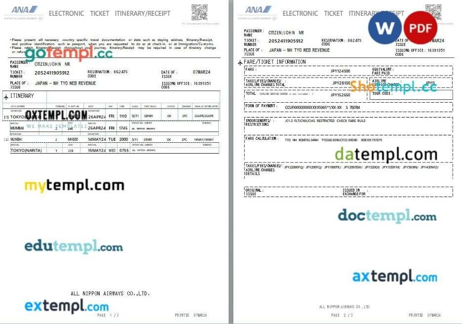 FlixBus bus e-ticket, Word and PDF download template, 2 pages