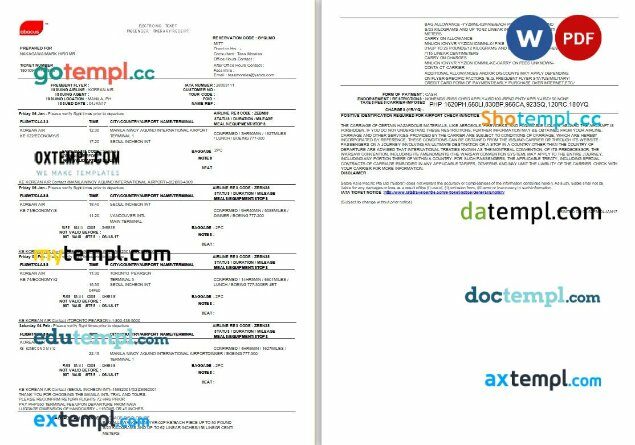 Abacus Korean Air airplane e-ticket, Word and PDF download template, 2 pages