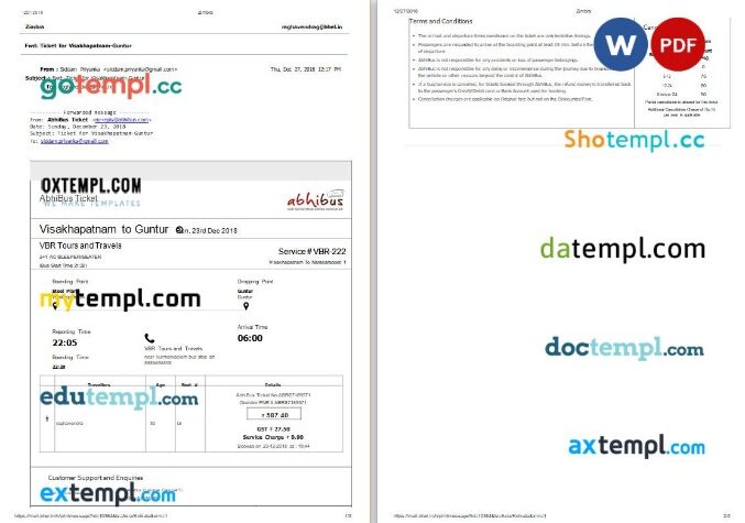 MakeMyTrip – Thai Airways Intl airplane e-ticket, Word and PDF download template, 3 pages