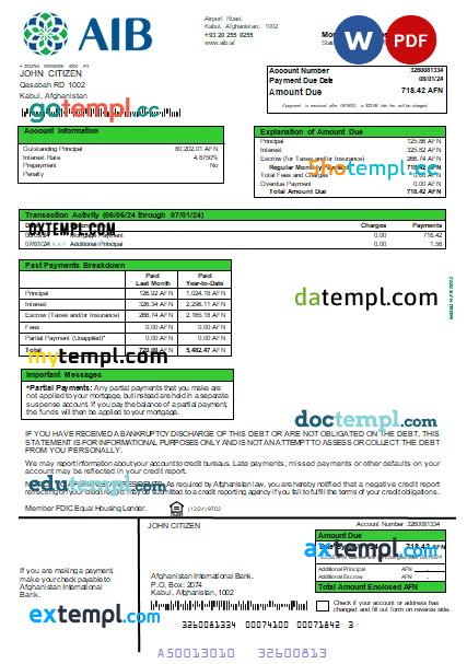 Afghanistan International Bank (AIB) mortgage statement, 2 pages, editable template in PDF and Word