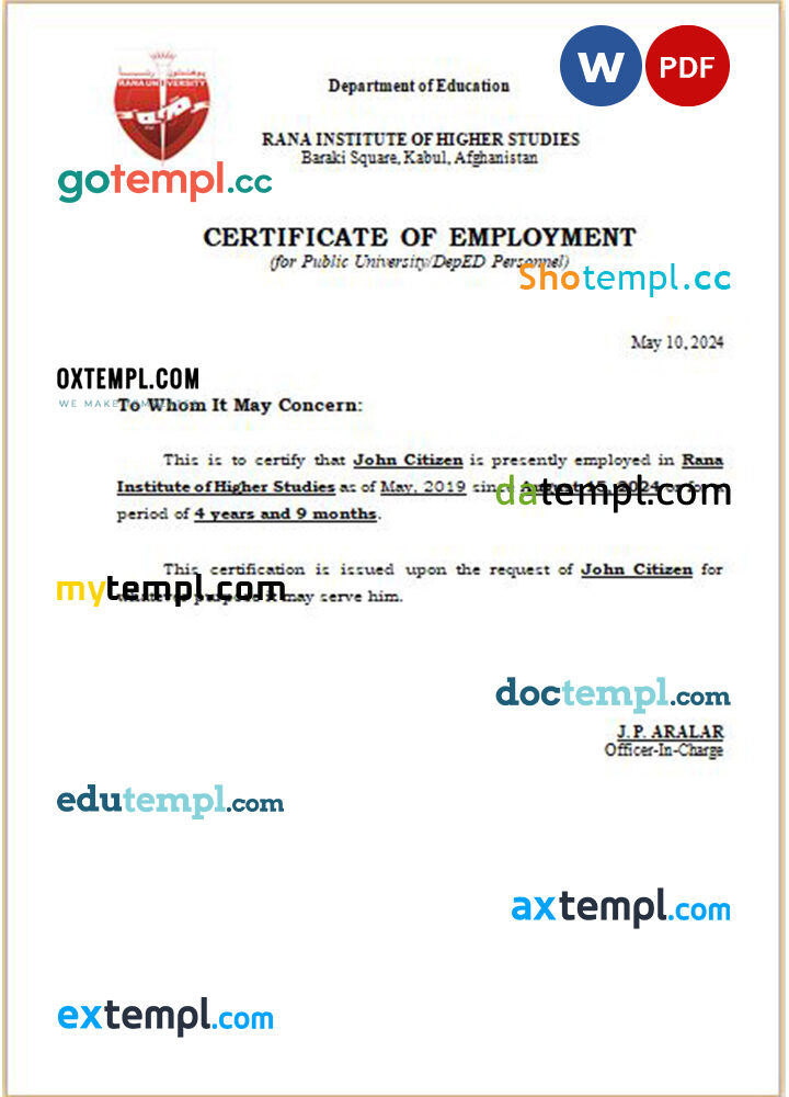 Afghanistan Rana University certificate of employment Word and PDF download template